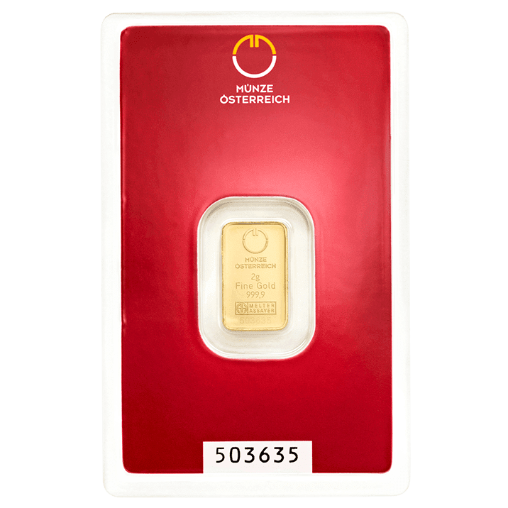 2 gramme gold bar in blisterpack